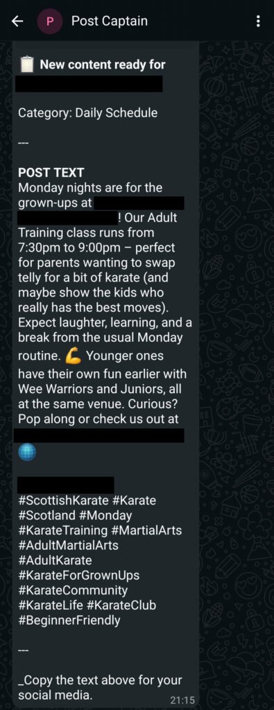 A screenshot of a whatsapp message detailing a post highlighting an adult karate class