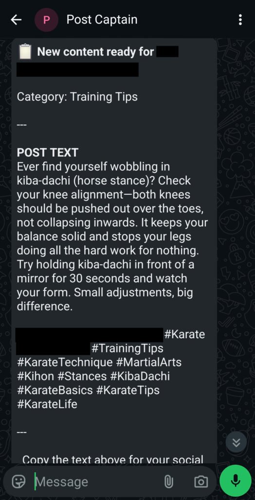 A screenshot of a whatsapp message detailing a post giving training tips about a horse stance in karate and how to improve